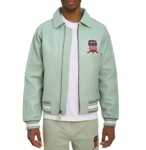 Chaqueta Bomber de PU Verde Claro para Hombre Avirex con Parche Bordado, Cuello Camisero, Cierre de Cremallera, Ropa Casual de Otoño, Precios Bajos - Product Image 1