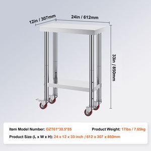 Tavolo da Lavoro in Acciaio Inox Resistente con Capacità di Carico di 700 LBS, 12 X 24 X 34 Pollici, 4 Ruote, 3 Livelli di Altezza Regolabili per Alimenti - Product Image 3