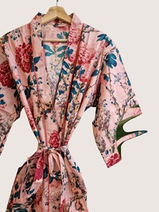 Bata Larga Estampada Floral para Mujer, Manga Tres Cuartos, Cuello en V, Suave, Informal, para Primavera, 100% Algodón Tejido - Product Image 6