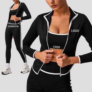 Ensemble de yoga uni pour femme, legging taille haute, haut zippé à manches longues, surpiqûres contrastées, tenue d'entraînement 2 pièces en Spandex et Polyester sans couture - Product Image 4