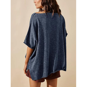 Camiseta de punto holgada de manga corta con cuello redondo y color liso verde oliva para mujer - Product Image 5