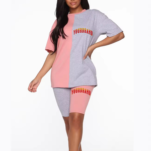 ชุดเสื้อยืดและกางเกงขาสั้นผ้าแคนวาสสีพื้นคุณภาพสูงสำหรับผู้หญิง ระบายอากาศได้ดี 2 ชิ้น ผลิตจากโพลีเอสเตอร์ 100% แฟชั่นฤดูร้อน - Product Image 1