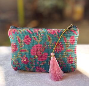 Assorted Bohemian Quilted Eco-Friendly Cotton <b>Coin</b> Purse <b>Bag</b> Tassel Zipper Closure Teal Floral Pattern Portable Small Makeup - Product Image 1