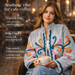 Blouson Bomber en Velours Brodé Fait Main pour Femme, Manches Longues, Col Montant, Broderie Frontale, Veste d'Hiver - Product Image 5