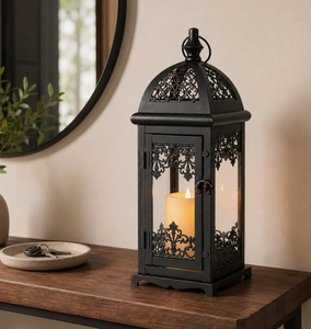 Decorative Metal Candle <b>Lantern</b> with Intricate Filigree Details Antique <b>Black</b> Vintage Style Tabletop Hanging Light for Home - Product Image 2