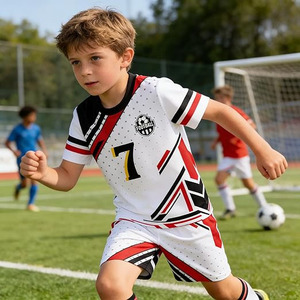 Kids Soccer Uniform Set - White Red Black Geometric Print Jersey Shorts Sublimated 100% Polyester Breathable Crew Neck - Product Image 4