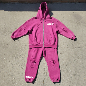 Conjunto de Sudadera con Capucha y Cremallera Estilo Vintage con Logotipo Personalizado y Pantalones Deportivos Holgados, 100% Algodón, Estilo Desgastado, para Hombre - Product Image 3