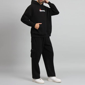 Men's Black Hooded Tracksuit Solid Color Casual Full Sleeve Cotton Sweatshirt and Cargo <b>Pants</b> Set with Front Logo Print - Product Image 1