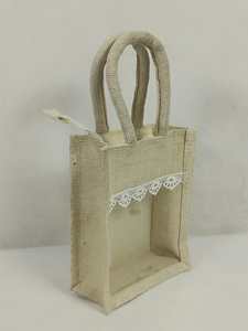 Sac fourre-tout en jute naturel écologique avec poche avant décorative en dentelle, réutilisable pour les courses, les cadeaux, les expositions et les mariages - Product Image 2