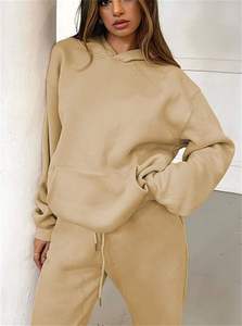 Womens Beige <b>Hoodie</b> And Matching Joggers Set Premium Heavyweight Fleece Pullover Loungewear Two Piece Outfit - Product Image 2