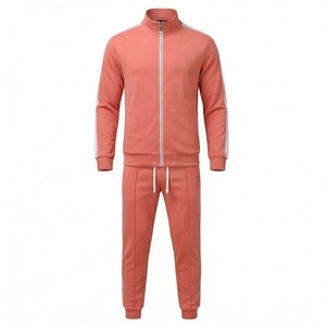 Ensemble de survêtement corail pour homme, manches longues, col montant, fermeture éclair sur le devant, couleur unie, respirant, coupe décontractée, pour l'automne - Product Image 1
