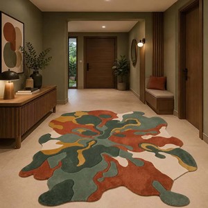 Organic Shape Area Rug Abstract Irregular Modern Tufted Green Terracotta Mustard Cream Contemporary Living Room Bedroom Carpet - Product Image 5