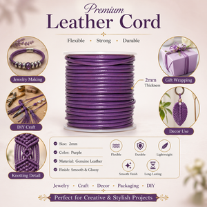 Heavy-Duty Violet Leather Cord 2mm Size | Strong <b>Flexible</b> Durable Leather String for Jewelry Making,<b>Beading</b>,Crafts & Accessories - Product Image 6