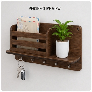 Wood <b>Wall</b> Shelf Single Tier With <b>Hooks</b> And Plant Holder Minimalist Storage Rack For <b>Keys</b> And Decor - Product Image 4