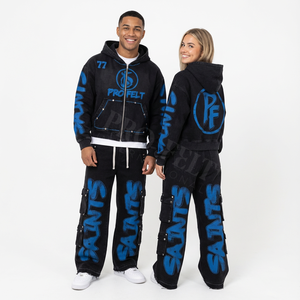 Conjuntos de Dos Piezas a la Moda, Estampado Gráfico Personalizado, Ajuste Cómodo, Estilo Oversize, Sudadera con Capucha de Mezclilla y Pantalones Cargo - Product Image 4