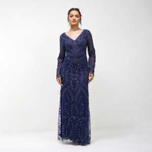 Robe de soirée élégante bleue en tulle perlé à col en V, coupe crayon midi, sans manches, motif floral, ajustée, avec logo frontal - Product Image 5