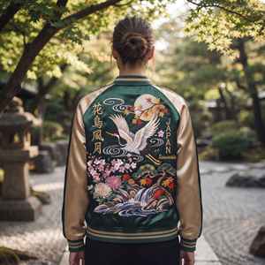 Veste Sukajan brodée japonaise personnalisée, motif floral grue en soie verte, manteau bomber souvenir, streetwear d'automne - Product Image 3