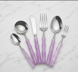 Juego de cubiertos moderno de 6 piezas con mangos morados, cubiertos de acero inoxidable, cuchara, cuchillo, tenedor, apto para lavavajillas, vajilla para bodas - Product Image 1