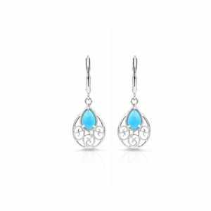 Boucles d'oreilles pendantes de créateur en argent 925 plaqué or et rhodium, avec cabochon poire turquoise et fermoir leverback, style rétro en maille - Product Image 4