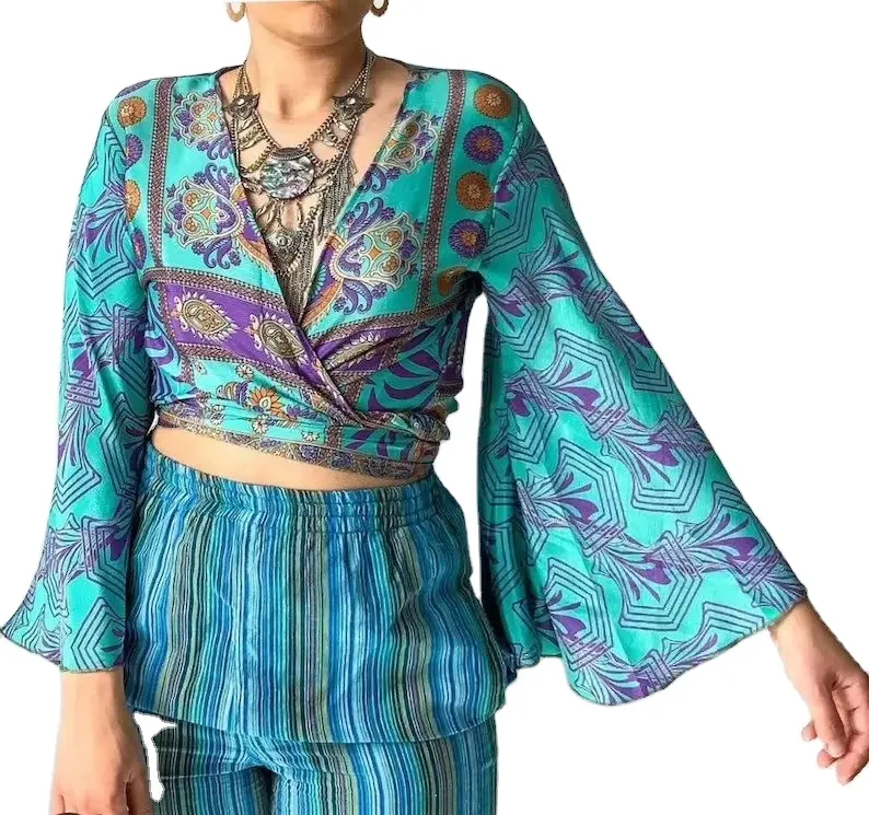 Silk Bell Sleeve Binden Wickel oberteil Bauchtanz Kostüm Crop Top Bluse Festival Kleidung Boho Gypsy Folk Hippie Top