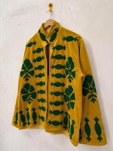 Luxury Artisan <b>Yellow</b> Velvet Embroidered Suzani Jacket with Green Floral Pattern Full Sleeve Stand Collar Handmade Winter <b>Coat</b> - Product Image 2