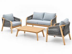 Conjunto de sofá de ratán contemporáneo para exteriores con cojines azul claro y estructura de madera para uso en jardín. - Product Image 2