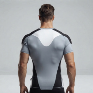 Prix d'usine – Nouveaux Rashguards personnalisés à manches courtes pour hommes, UPF50+, 180g, en polyester et élasthanne, séchage rapide, faible MOQ, marque privée, pour équipes - Product Image 3