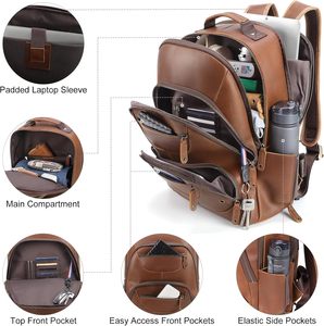 Mochila de Viaje de Cuero para Portátil para Hombre, Compatible con Computadoras de 15.6 y 16 Pulgadas, Estilo Vintage, para Negocios, Trabajo, Viajes Cortos, Campamento - Product Image 3