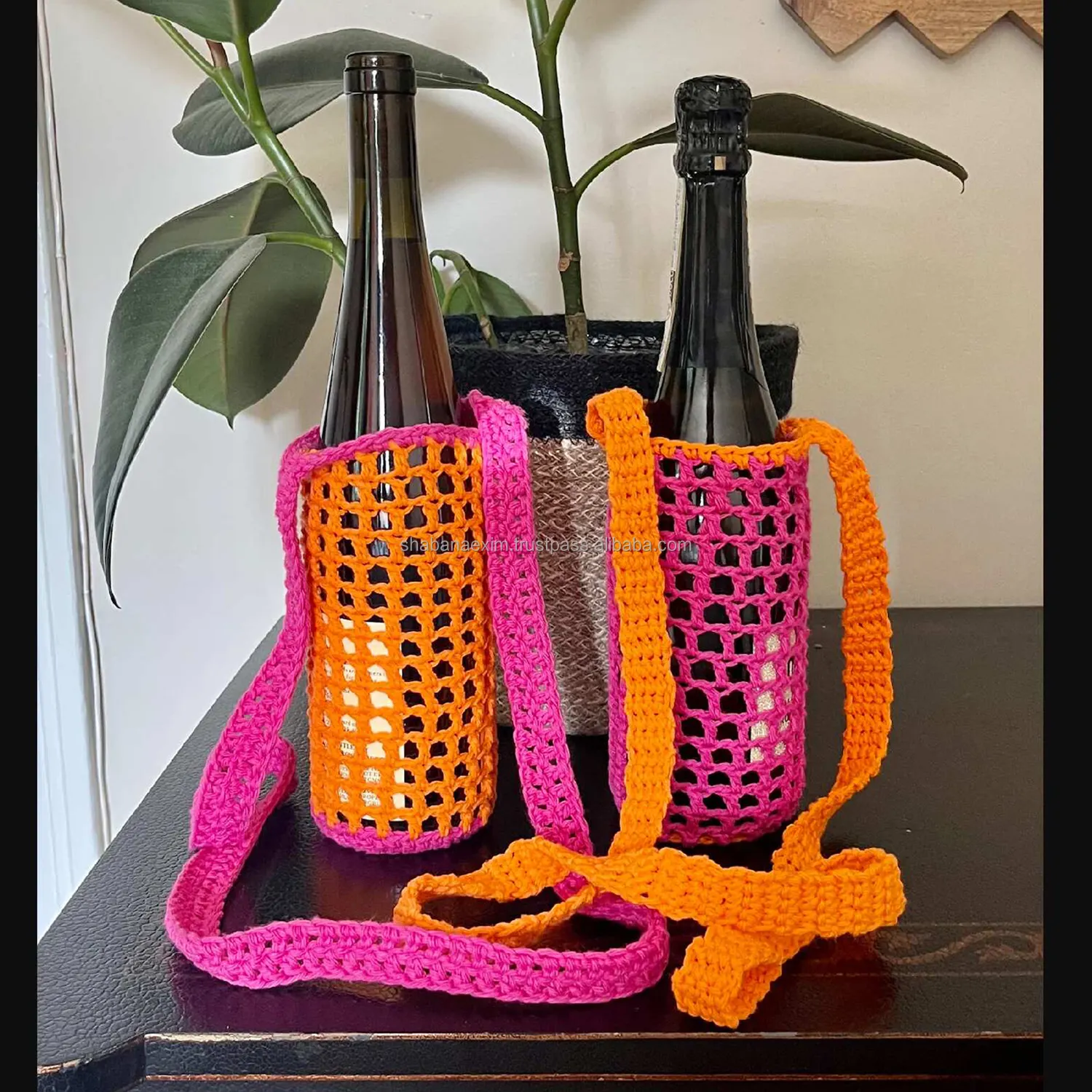 Sac de bouteille de vin en coton multicolore avec poignée Porte-boisson en crochet avec sangles Porte-bouteille en tricot pour enfants pique-nique randonnée