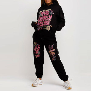 Ensemble jogging en molleton noir pour femme The Lovely Club, imprimé streetwear, manches longues, coupe ample, toutes saisons, ensemble 2 pièces - Product Image 1