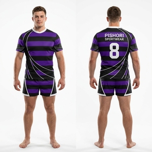 Uniformes de Rugby Personalizados en Azul Rey y Dorado para Hombre, Jersey con Franja Diagonal y Pantalones Cortos, 100% Poliéster Sublimado, Kit de Equipo - Product Image 4