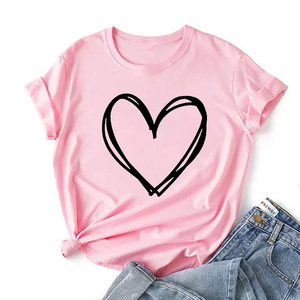 Camiseta con estampado de arte lineal de corazón rosa para hombre, camiseta gráfica de algodón de manga corta con cuello redondo - Product Image 4