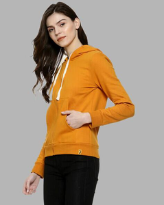 Sweat-shirt à capuche jaune moutarde pour femme, coupe ajustée, pull décontracté avec poche kangourou, mélange de coton, orange - Product Image 2