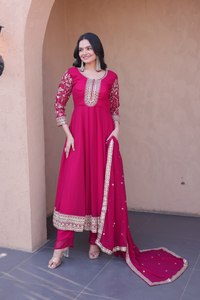Elegant Pink Embroidered Anarkali Suit With Dupatta Floral Print Chiffon Maxi Dress Women's Ethnic Wear Pakistani Style - Product Image 2