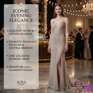 Vestido de noche de lujo con cuentas estilo champán |   Vestido de Fiesta de Diseño con Escote Profundo en V |   Vestido Elegante de Corte Entallado para Novia y Eventos Formales con Brillos - Product Image 5