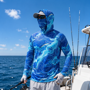 Hoodie de pêche personnalisé anti-UV avec masque intégré, en polyester extensible, pour les détaillants d'articles de sport - Product Image 1