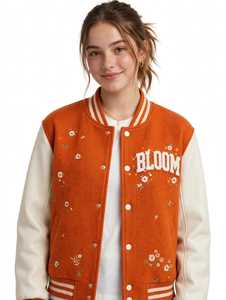 Chaqueta Varsity Naranja de Invierno para Mujer con Cuello Alto y Letras Bordadas en Chenilla con Diseño Floral - Product Image 4