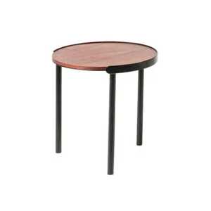 Round wooden side <b>table</b> with reddish <b>brown</b> finish black metal frame minimalist modern accent furniture for living room setup - Product Image 1