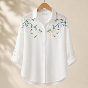 Camisa Blanca Premium de Algodón para Mujer, Bordado Floral Amarillo, Manga Larga, Cierre de Botones, Blusa Casual para Venta al Por Mayor B2B - Product Image 3