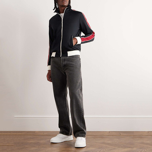 Men's <b>Black</b> Track <b>Jacket</b> With Red White Stripes Full Zip Stand Collar Sporty Style Autumn Wear Regular Fit Polyester Knitted - Product Image 5