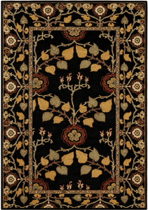 Alfombra Oriental Persa de Lana Negra y Dorada de Estilo Vintage con Borde Floral Decorativo y Diseño de Árbol de la Vida - Product Image 1