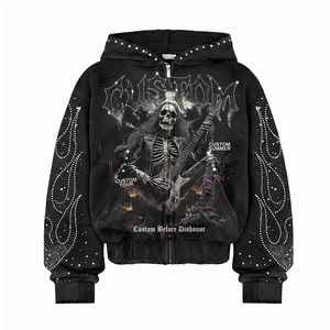 Men's Hoodies & Sweatshirts with Graphic Print Distressed <b>Rhinestone</b> Zip up <b>Jacket</b> Acid Wash Vintage Washed Streetwear Hoodie - Product Image 1