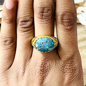 Hot Selling Boho Turquoise <b>Ring</b> Ethnic Brass <b>Rings</b> Women 18k Gold Plated Vintage Filigree Jewelry <b>Statement</b> Band Wholesale/OEM - Product Image 5