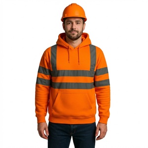 Premium High Quality <b>Hi</b> <b>Vis</b> <b>Orange</b> Safety Work <b>Hoodie</b> Reflective Tape Pullover Sweatshirt Construction PPE High Visibility Mens - Product Image 1