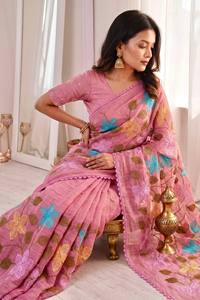 Sari en coton brodé de fleurs roses avec bordure en dentelle, tenue traditionnelle indienne pour femmes, toutes saisons - Product Image 2