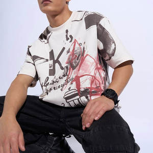 T-shirt pour homme blanc à imprimé graffiti urbain, décontracté, surdimensionné, en mélange de coton, col rond, streetwear, manches courtes - Product Image 5