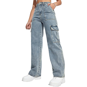 OEM ODM Pantalones vaqueros cargo de algodón 100% para mujer, transpirables, de verano, de cintura alta, corte holgado, pierna ancha, a la moda, con lavado a la piedra - Product Image 2