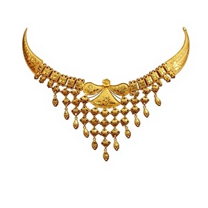 22K Solid Gold Bridal Necklace Traditional Indian Jewelry Handcrafted Fan Pendant Design With Hanging <b>Beads</b> For Women - Product Image 2