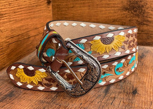 High Quality Leather <b>Belts</b> Hand Tooled Carving Stylish Sunflower <b>Belt</b> Unisex Hot Sale Luxury Gift for Him - Product Image 3