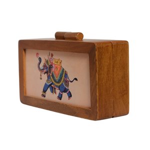 Pochette en bois imprimé motif éléphant, sac à main élégant en bois naturel pour femme, idéal pour les fêtes et les mariages - Product Image 2